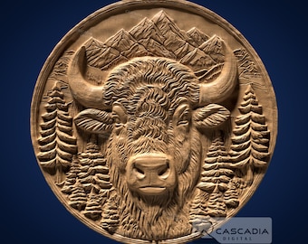 Bison Head Round - STL Model for CNC Router and 3D Printing