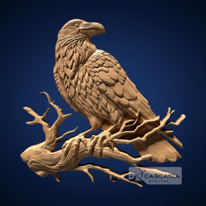 Peut inclure: Une sculpture en bois détaillée d'un corbeau perché sur une branche. Le corbeau est représenté avec des plumes complexes et une pose réaliste. La branche est également sculptée avec des détails, montrant la texture du bois.