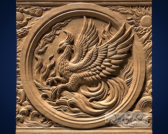 May include: A detailed wooden carving of a phoenix rising from flames, surrounded by clouds and a sun. The carving is set in a square frame with a circular border.
