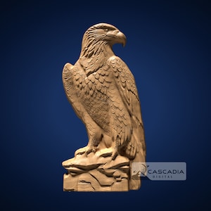 Peut inclure: Une sculpture en bois d'un aigle perché sur un rocher. L'aigle est tourné vers la droite et a des plumes détaillées. La sculpture est de couleur brun clair.