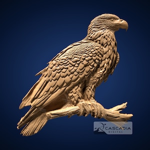 Peut inclure: Sculpture en bois détaillée d'un aigle perché sur une branche. L'aigle est représenté de profil, avec des détails complexes des plumes et un bec pointu. La sculpture est placée sur un fond bleu foncé.