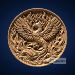 Phoenix Round 3D STL File for CNC Router, 3D Print, Casting, Wood Carving Engraving 3D Relief Mythical animal bird coaster coin 1255