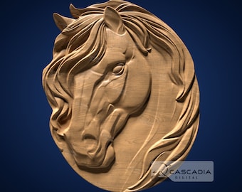 May include: A wooden carving of a horse's head, with detailed features and a flowing mane. The carving is in a circular shape and has a natural wood finish.