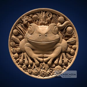 Puede incluir: Una talla de madera de una rana rodeada de intrincados diseños florales y geométricos. La rana está tallada en un estilo realista con una amplia sonrisa y grandes ojos. La talla es circular y tiene un acabado de madera marrón.