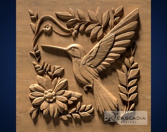 Hummingbird Flowers - 3D STL Model for CNC/3D Printing - Animal wildlife nature bird  1352