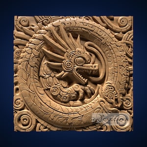 May include: A detailed wooden carving of a stylized dragon or serpent within a circular frame. The artwork features intricate patterns and textures, with the dragon's head prominently displayed. The piece is likely a decorative element or wall art.