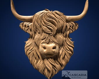 Cabeza de novillo de vaca de las Tierras Altas - Modelo STL para fresadora CNC e impresión 3D