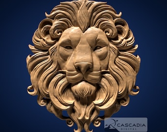 May include: A detailed wooden carving of a lion's head, featuring intricate details in the mane and facial features. The artwork is set against a dark blue background, showcasing the natural wood grain and texture. The Cascadia Digital logo is visible in the bottom right corner.