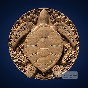May include: A detailed wooden carving of a sea turtle with a swirling pattern around it. The turtle is carved in a light brown wood and has a detailed shell.