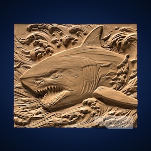 May include: A detailed wooden carving of a shark emerging from the waves. The shark's teeth are bared and its eyes are wide open. The waves are carved in a swirling pattern. The carving is signed "Cascadia Digital".