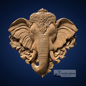 May include: A detailed wooden carving of an elephant's head with intricate floral designs. The elephant has a large, ornate headdress and a trunk that is curled up.