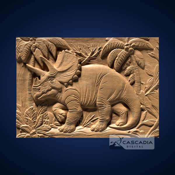 Triceratops in Jungle 3D STL File for CNC & 3D Printing - Wood Carving 3D Relief, Detailed Dino Art, DIY Projects Jurassic Park Dinosaur