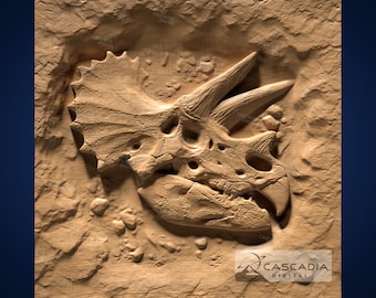Triceratops Fossil Skull In Rock - 3D STL Model for CNC/3D Printing - Dino dinosaur animal 1244