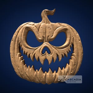 Op de afbeelding: Een houten carving van een jack-o'-lantern met een eng gezicht. De carving is gedetailleerd en realistisch, met een brede, tandenrijke grijns en scherpe ogen.