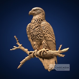 May include: A detailed wooden carving of an eagle perched on a branch, set against a deep blue background. The eagle is carved with intricate feather and texture details. The Cascadia Digital logo is visible in the lower right corner.