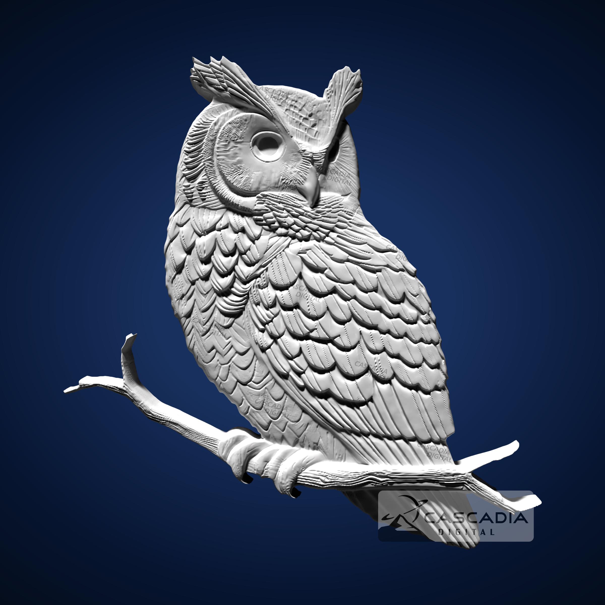3Dプリント作品「The Man and the Horned Owl」 Horned Owl Perched - 3D STL Model for CNC/3D Printing - Animal