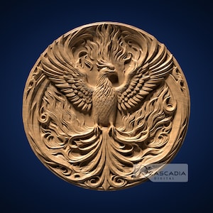 Phoenix Round 3D STL File for CNC Router, 3D Print, Casting, Wood Carving Engraving 3D Relief Mythical animal bird coaster coin 1252