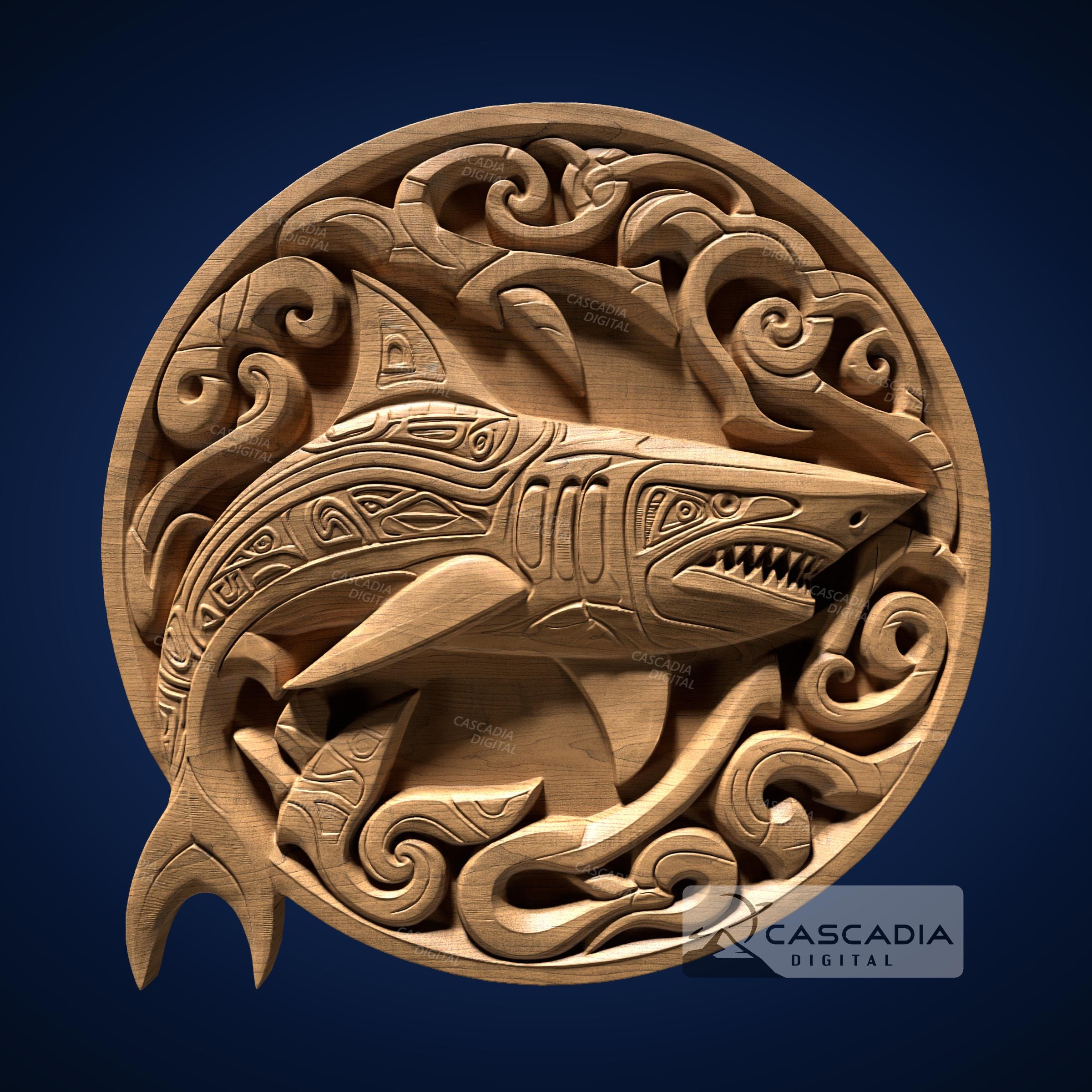 Shark Native Inuit Round 3D STL File for CNC Router, 3D Print, Casting, Wood Carving Engraving 3D Relief Ocean sea coaster coin tribal 1481