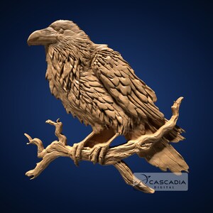 Peut inclure: Une sculpture en bois détaillée d'un corbeau perché sur une branche. Le corbeau est représenté avec des plumes complexes et une pose réaliste. La sculpture est un bel exemple d'art du travail du bois.