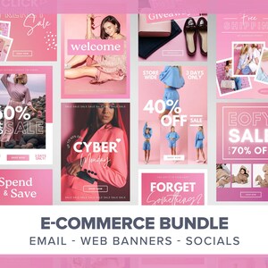 May include: A collection of pink and white social media graphics for an e-commerce store. The graphics feature text such as "60% off sale", "Cyber Monday", "Spend & Save", and "Free Shipping".