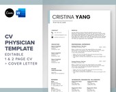 CV Template Physician, Editable Physician Resume Canva Word CV Resume Template, Doctor, 1 page CV, Cover Letter resume temp templ templa