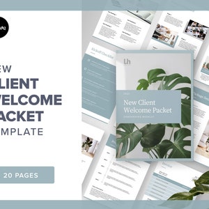 May include: A 20-page new client welcome packet template with a blue and white color scheme. The template includes a kickoff checklist, onboarding booklet, package details, and invoice pages. The cover features a large green tropical leaf.