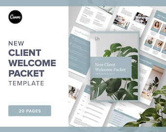 Könnte beinhalten: Eine 20-seitige Willkommenspaket-Vorlage für neue Kunden mit einem blau-weißen Farbschema. Die Vorlage enthält eine Kickoff-Checkliste, ein Onboarding-Heft, Paketdetails und Rechnungsseiten. Das Cover zeigt ein großes grünes tropisches Blatt.