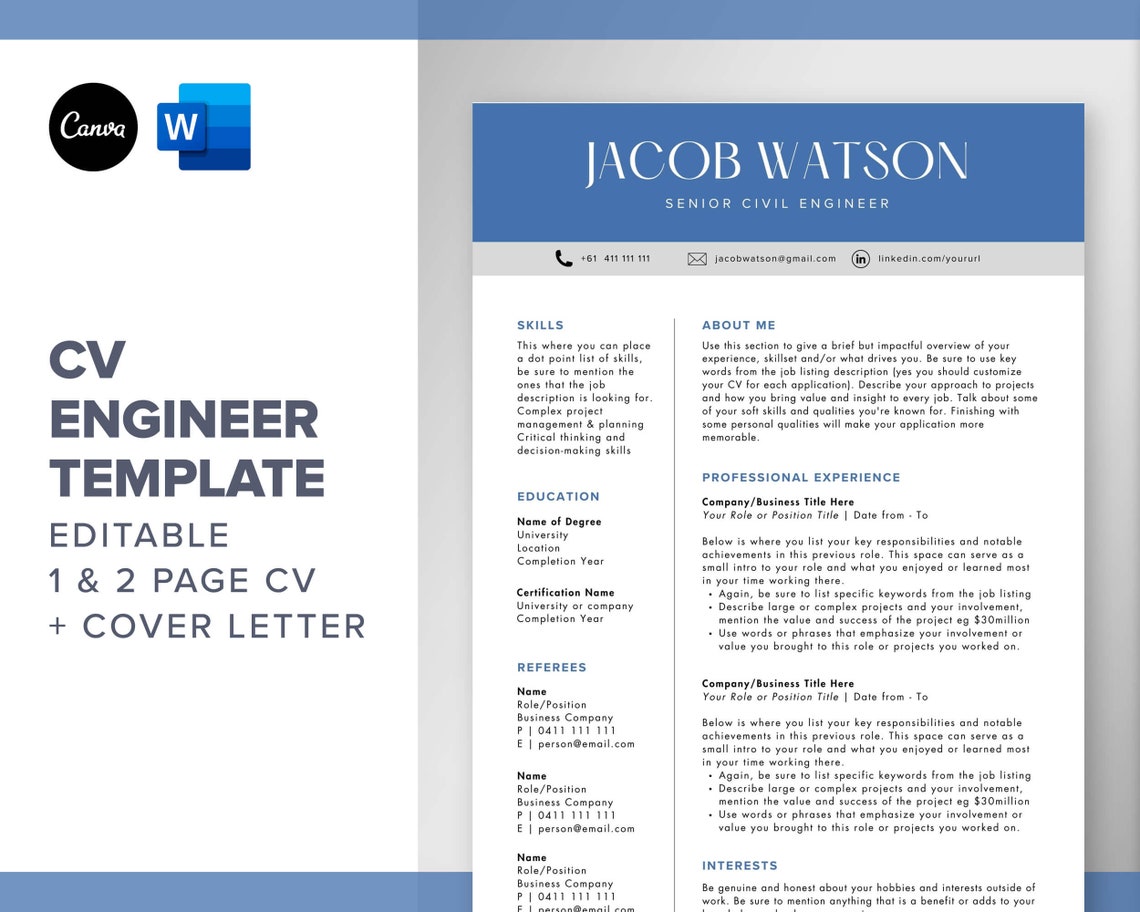 CV Template Engineer Resume Template Word Canva CV Resume - Etsy