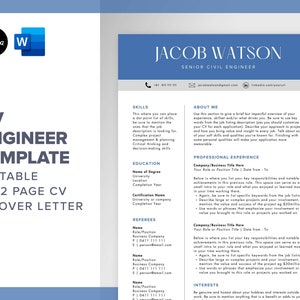 Może przedstawiać: Szablon CV w kolorze niebieskim i białym z tekstem "CV Engineer Template" w dużym, pogrubionym foncie. Szablon jest edytowalny i zawiera sekcje dotyczące umiejętności, wykształcenia, doświadczenia zawodowego i zainteresowań. Jest przeznaczony do CV 1- lub 2-stronicowego i zawiera list motywacyjny.
