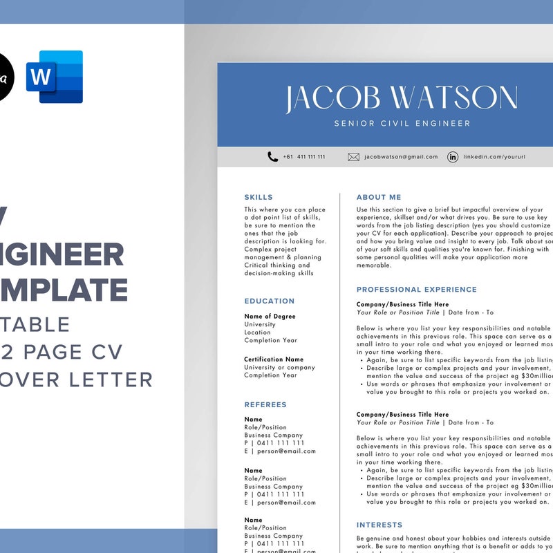 Canva resume templates for civil engineer - Etsy.de