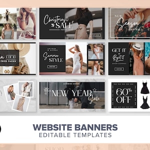 May include: A collection of website banner templates for online stores. The banners feature various themes, including Christmas sales, new season arrivals, free shipping, and summer style. The banners are designed with a modern and minimalist aesthetic, featuring black and white text and images.