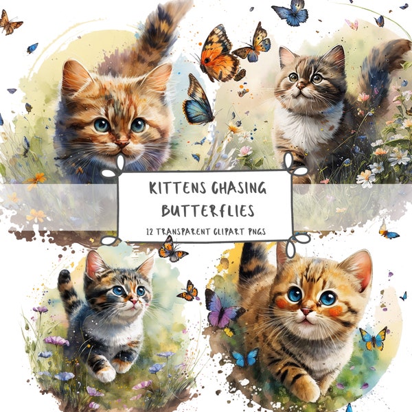 Watercolor of kittens chasing butterflies. 12 Transparent Clipart PNGs, Instant Digital Download for Commercial Use, Mixed Media