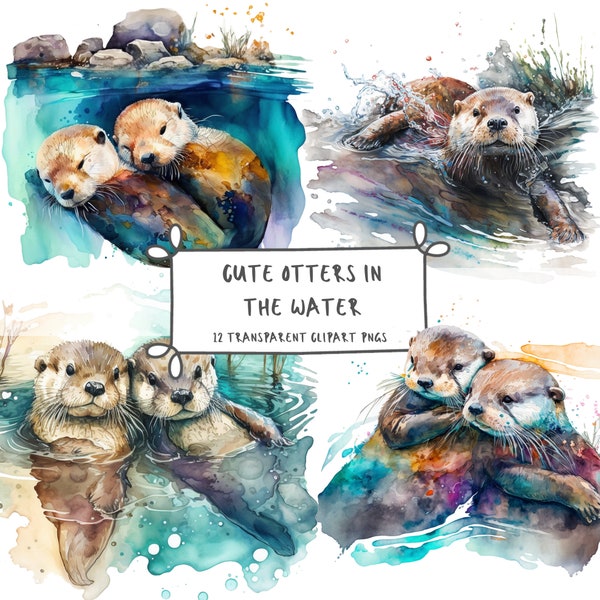 Watercolor of cute Otters in the water, 12 Transparent Clipart PNGs, Instant Digital Download for Commercial Use, Mixed Media