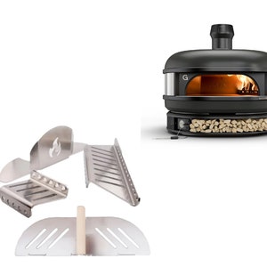 May include: A black outdoor pizza oven with a glass door and a wood-fired interior. The oven is on a stand with a removable tray for wood. The image also shows a set of stainless steel pizza oven accessories.