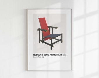 May include: A minimalist poster featuring a red and blue armchair designed by Gerrit Rietveld in 1918. The poster has the title "Red and Blue Armchair 1918" and the designer's name, "Gerrit Rietveld".