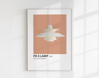May include: A framed print of a white pendant lamp with a peach background. The text on the print reads "PH 5 LAMP 1958 Poul Henningsen".