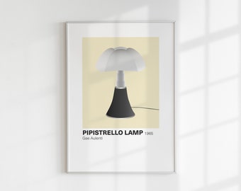 May include: A black and white illustration of the Pipistrello lamp designed by Gae Aulenti in 1965. The lamp has a white, mushroom-shaped shade and a black, cone-shaped base.
