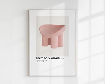 May include: A framed print of a pink Roly Poly chair designed by Faye Toogood in 2014. The chair has a rounded, organic shape with four short legs.