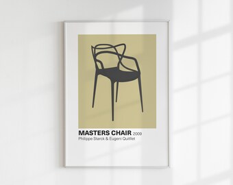 May include: A black and white illustration of a chair with a beige background. The text "MASTERS CHAIR 2009 Philippe Starck & Eugeni Quitllet" is below the chair.