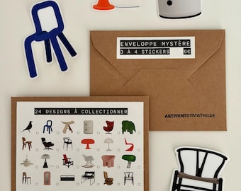 May include: A collection of furniture-themed stickers including a blue chair, an orange lamp, a white storage unit, and a black chair. A brown envelope labeled ENVELOPPE MYSTÈRE and a card titled 24 DESIGNS À COLLECTIONNER are included in the set.