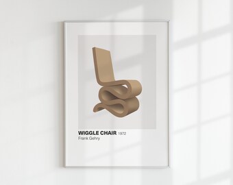 May include: A framed print of the Wiggle Chair, designed by Frank Gehry in 1972. The chair is a unique, sculptural design in a light brown color, with a wavy, continuous form. The print is displayed on a white wall.