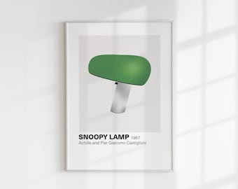 May include: Framed print of the Snoopy Lamp, designed in 1967 by Achille and Pier Giacomo Castiglioni. The lamp features a green, oval-shaped lampshade atop a silver-colored base. The text "SNOOPY LAMP 1967" is printed at the bottom.