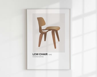 May include: A framed print of a brown wooden chair with the text "LCW CHAIR 1945 Charles Eames" below the image.