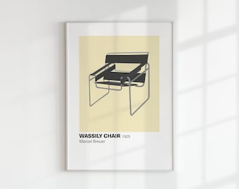 May include: A black and white illustration of a Wassily Chair designed by Marcel Breuer in 1925. The chair is made of metal and has a black leather seat and back.