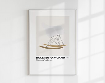 May include: A minimalist poster with a line drawing of a white rocking chair. The text on the poster reads "ROCKING ARMCHAIR 1950 Charles & Ray Eames"