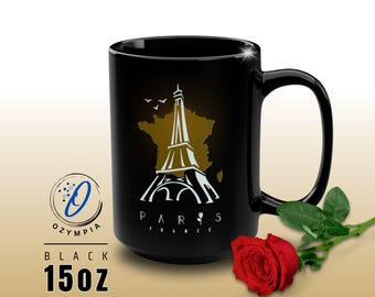 Paris France | Paris Eiffel Tower Mug – 15oz Black Coffee Cup, France Travel Souvenir, Gift for Paris Lovers, Romantic French Keepsake