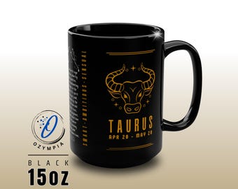 TAURUS | Taurus Zodiac Mug, Astrology Gift for Taurus, Horoscope Coffee Cup, April May Birthday Gift, 15oz Black Ceramic Mug