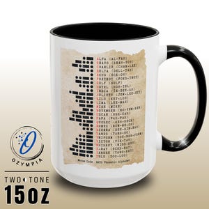 Morse Code Phonetic Alphabet Mug | Vintage-Style 15oz Ceramic for Pilots & Radio Fans, Custom Name Option