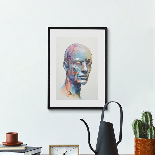Digital diagrammatic man portrait wallpaper, digital duo tone minimal wall art