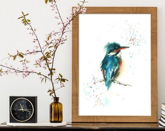 Kingisher Fine Art Print, Vogel Malerei, Kingisher Aquarell Wandkunst, Vogel Fine Art Print, Blau Orange Wand-Dekor, Wildlfie Wanddruck